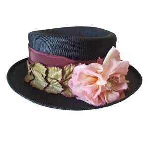 VTG Toucan Black Straw Boater Hat Womens Maroon Grosgrain Pink Flower Green Leaf